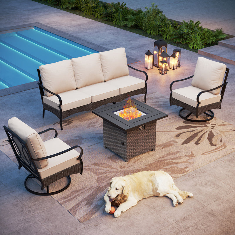 Phi Villa 5-Seater Outdoor Steel & Rattan Sofa Set With Square Fire Pit Table
