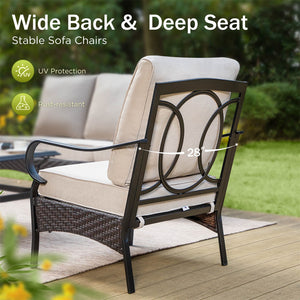 4-Seater Outdoor Metal and Rattan Cocoa Sofa Set with Square Fire Pit Table