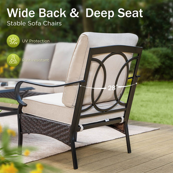 4-Seater Outdoor Metal and Rattan Cocoa Sofa Set with Square Fire Pit Table