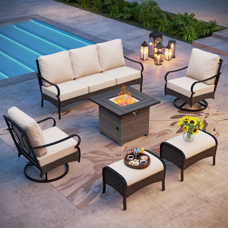 Phi Villa 7-Seater Outdoor Steel & Rattan Sofa Set With Square Fire Pit Table