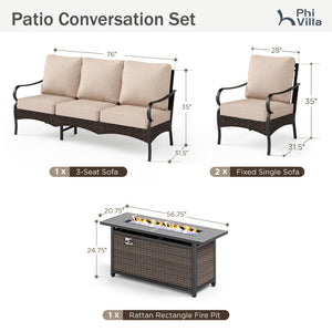 5-Seater Outdoor Metal and Rattan Cocoa Sofa Set wth Fire Pit Table