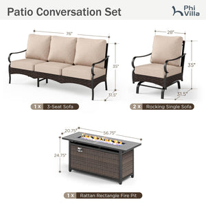 5-Seater Outdoor Metal and Rattan Cocoa Sofa Set wth Fire Pit Table