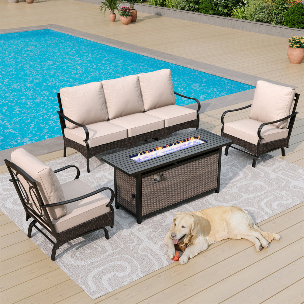 Phi Villa 5-Seater Outdoor Steel & Rattan Sofa Set With Rectangle Fire Pit Table