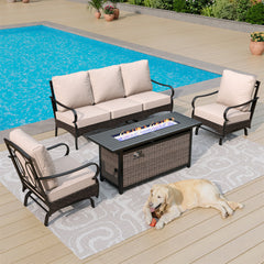 Phi Villa 5-Seater Outdoor Steel & Rattan Sofa Set With Rectangle Fire Pit Table