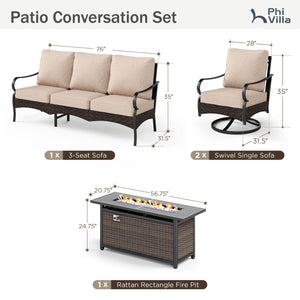Outdoor Metal and Rattan Cocoa Sofa Set with Fire Pit Table