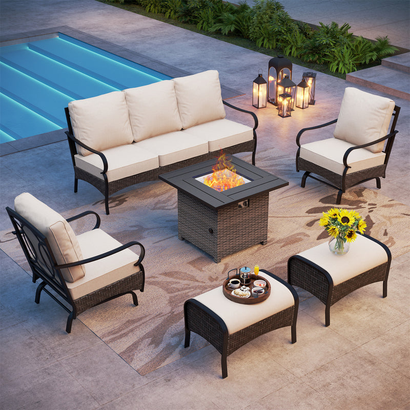 Phi Villa 7-Seater Outdoor Steel & Rattan Sofa Set With Square Fire Pit Table