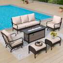 7-Seater Outdoor Metal and Rattan Cocoa Sofa Set with Square Fire Pit Table