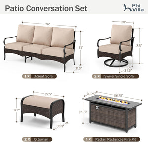 Outdoor Metal and Rattan Cocoa Sofa Set with Fire Pit Table