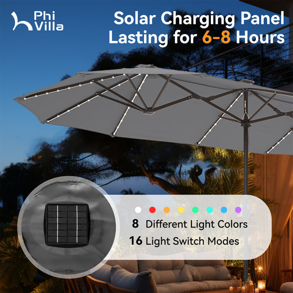 6 foot patio umbrella with solar lights 13ft Solar Double-Sided Patio Twin Umbrella with Led Lights