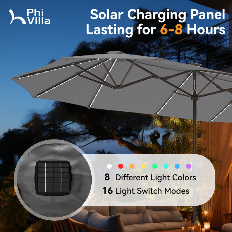 PHI VILLA 13Ft Double-Sided Umbrella - Solar Powered LED Lights, Adjustable Crank, and Durable Construction