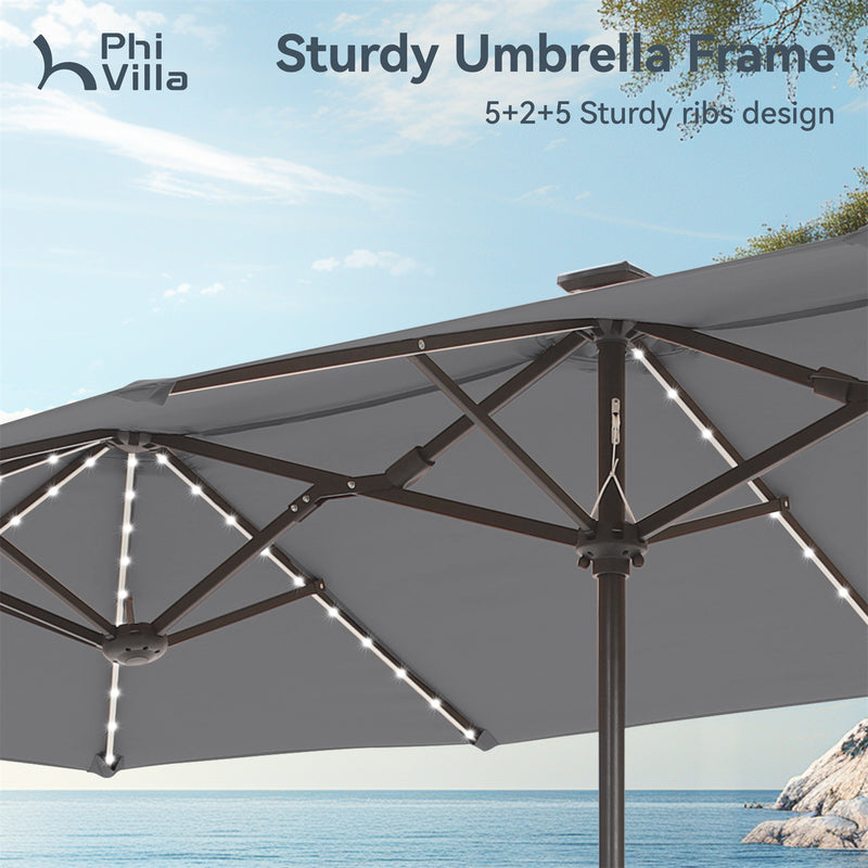 PHI VILLA 13Ft Double-Sided Umbrella - Solar Powered LED Lights, Adjustable Crank, and Durable Construction