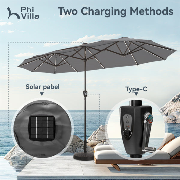 13ft Solar Double-Sided Patio Twin Umbrella with Led Lights 13ft Solar Double-Sided Patio Twin Umbrella with Led Lights
