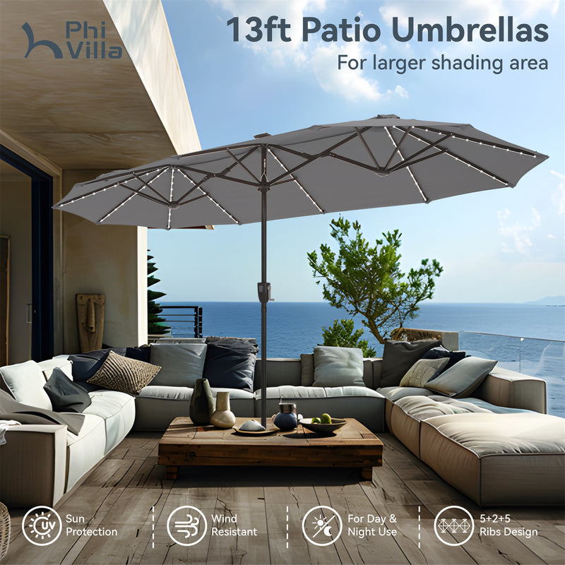 PHI VILLA 13Ft Double-Sided Umbrella - Solar Powered LED Lights, Adjustable Crank, and Durable Construction