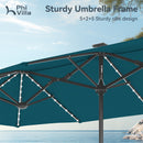 PHI VILLA 13Ft Double-Sided Umbrella - Solar Powered LED Lights, Adjustable Crank, and Durable Construction