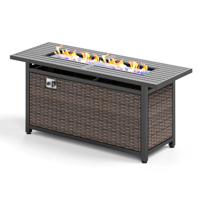 Phi Villa 56 Inch 50,000 BTU Outdoor Wicker & Steel Rectangle Patio Propane Fire Pit Table