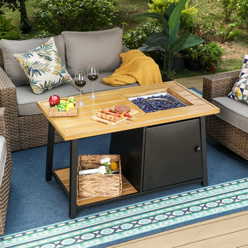 PHI VILLA  46" x 26" Storage Fire Pit Table 50,000 BTU with Wood-look Tabletop-Functional and Stylish