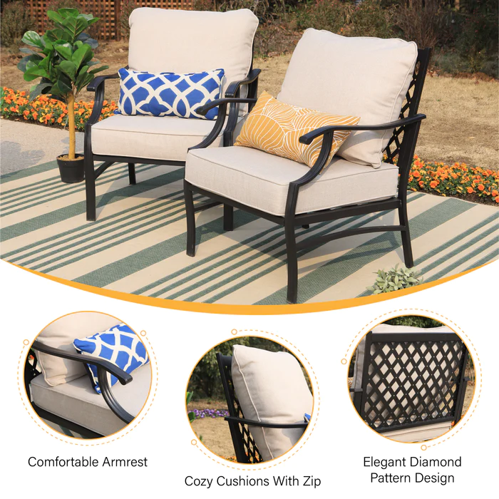 Phi Villa 9-Seat Outdoor Steel Conversation Sofa Set With Leather Grain Fire Pit Table