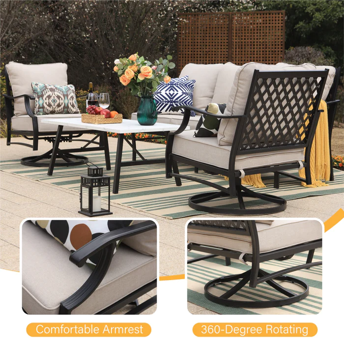 Phi Villa 9-Seat Outdoor Steel Conversation Sofa Set With Leather Grain Fire Pit Table