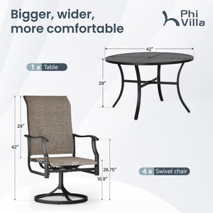 6-Seat Outdoor Dining Set with Round Table & Highback Textilene Swivel Chairs-Phi Villa