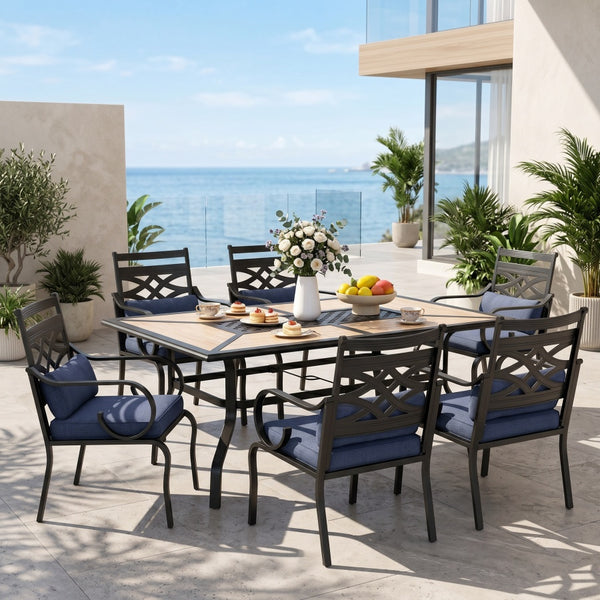 Vine 7-Piece Patio Dining Set Patch Wood-Grain Table and Stylish Steel Chairs
