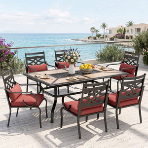 Vine 7-Piece Patio Dining Set Patch Wood-Grain Table and Stylish Steel Chairs