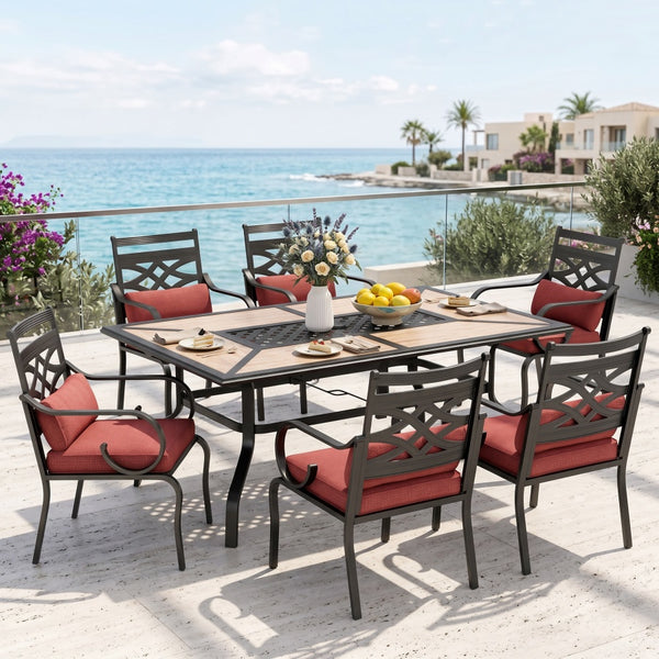 Vine 7-Piece Patio Dining Set Patch Wood-Grain Table and Stylish Steel Chairs