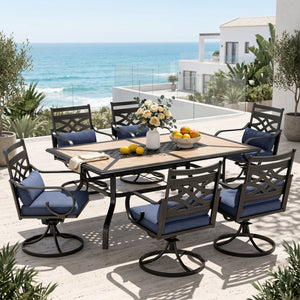 Vine 7-Piece Patio Dining Set Patch Wood-Grain Table and Stylish Steel Chairs