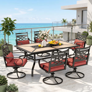 Vine 7-Piece Patio Dining Set Patch Wood-Grain Table and Stylish Steel Chairs
