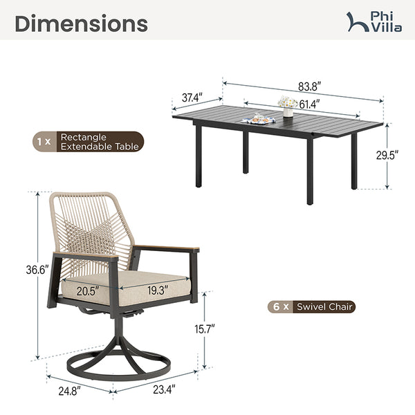 Mirage 7/9-Piece Patio Dining Set with Stylish Rattan Rope Chairs and Expandable Table
