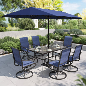 Patio set with table and six blue chairs under a large blue umbrella on a sunny day.