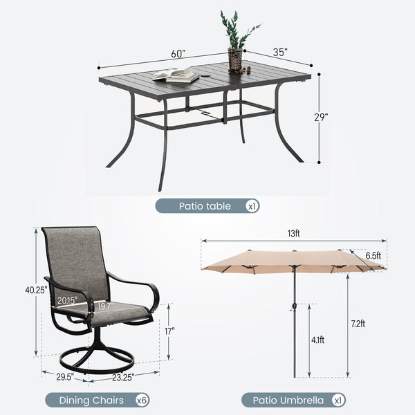 8-Piece Umbrella Patio Dining Set with 13FT Double-side Umbrella and Sling Swivel Chairs