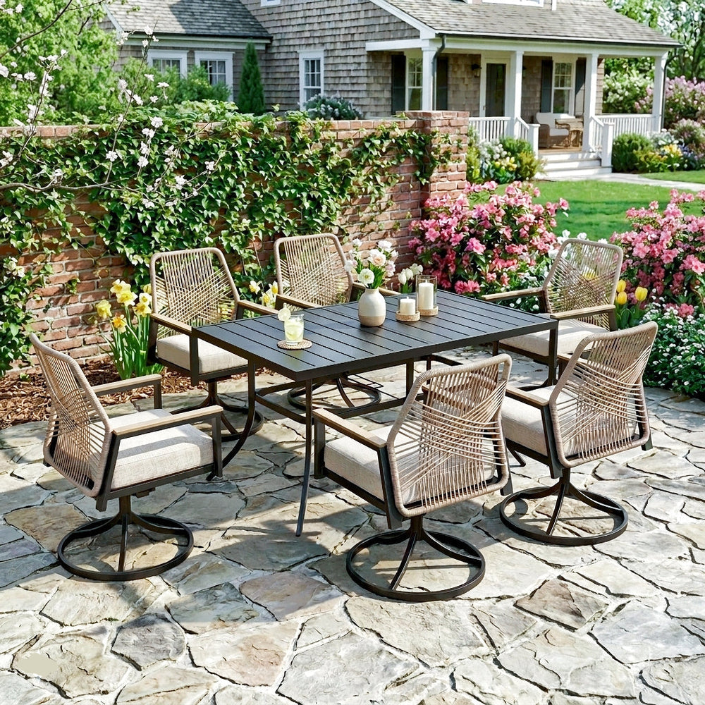 home depot patio tables for umbrellas PHI VILLA 7pc Dining Set with Umbrella, Swivel Wicker Chairs Stylish modern metal slat design makes the square table sturdy and polished elegantly Umbrella Included - Seats 4