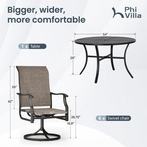6-Seat Outdoor Dining Set with Round Table & Highback Textilene Swivel Chairs-Phi Villa