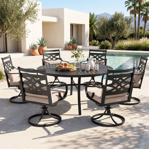 7-Piece Round Table Patio Dining Set of Steel Fixed Chairs with Cushion and Pillow-Phi Villa
