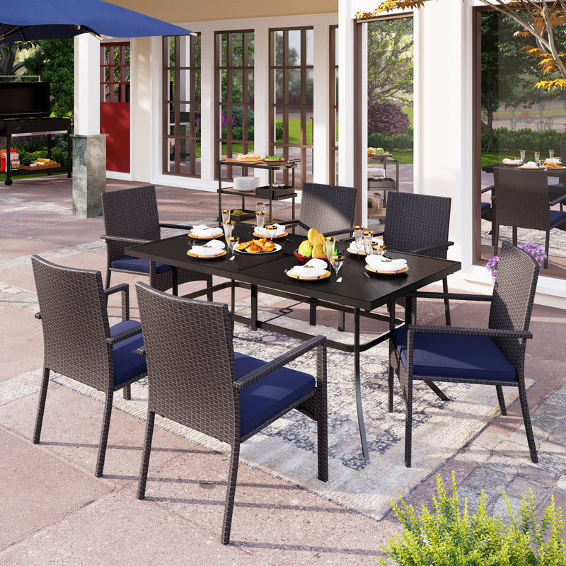PHI VILLA 7-Piece Patio Dining Set 6 Ratta Haiti Chairs and Steel Rectangle Table