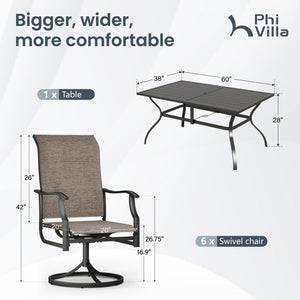 7-Pcs Patio Dining Set with Highback Padded Textilene Swivel Chairs for Deck, Backyard PHI VILLA