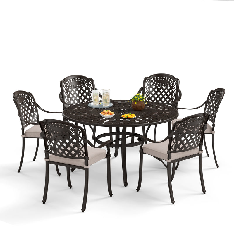 PHI VILLA 7-Piece Patio Elegant Steel Dining Set  with Rectangle/Round Table & Fixed Chairs