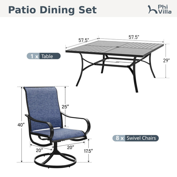 9-Piece Patio Dining Set with Enlarged Square Table and Textilene Swivel Chairs- Phi Villa