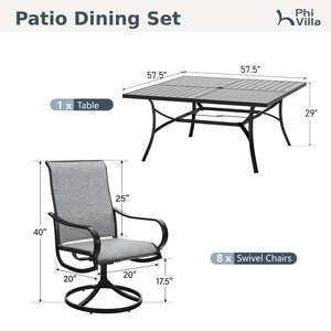 9-Piece Patio Dining Set with Enlarged Square Table and Textilene Swivel Chairs- Phi Villa