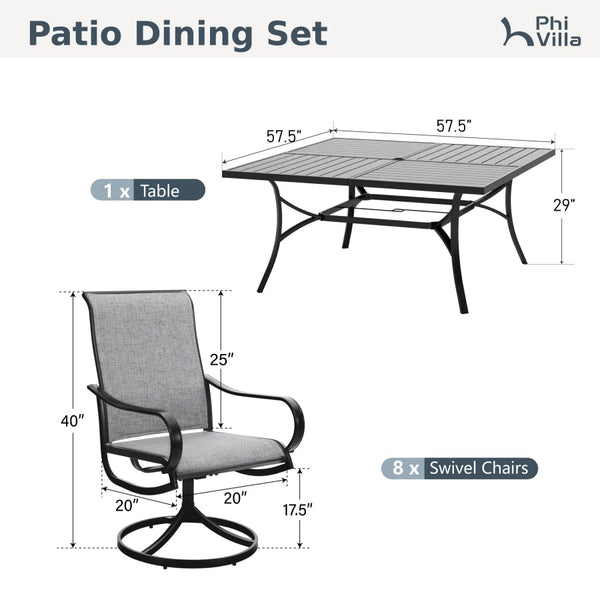9-Piece Patio Dining Set with Enlarged Square Table and Textilene Swivel Chairs- Phi Villa