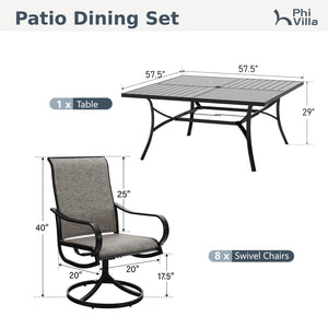 9-Piece Patio Dining Set with Enlarged Square Table and Textilene Swivel Chairs- Phi Villa