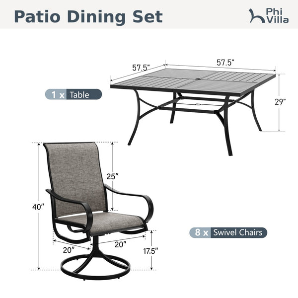 9-Piece Patio Dining Set with Enlarged Square Table and Textilene Swivel Chairs- Phi Villa