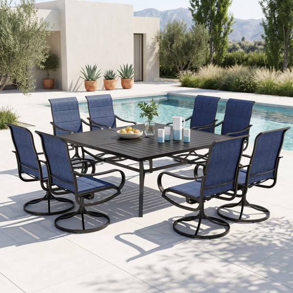 9-Piece Patio Dining Set with Enlarged Square Table and Textilene Swivel Chairs- Phi Villa
