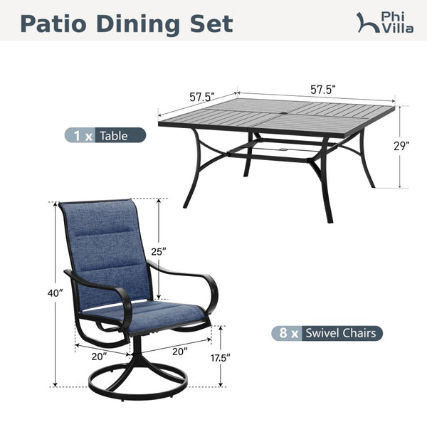 9-Piece Patio Dining Set with Enlarged Square Table and Textilene Swivel Chairs- Phi Villa