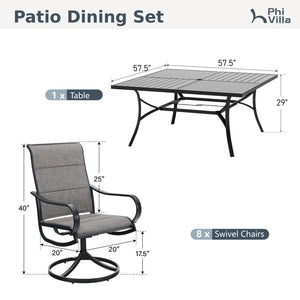 9-Piece Patio Dining Set with Enlarged Square Table and Textilene Swivel Chairs- Phi Villa