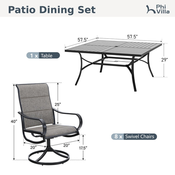 9-Piece Patio Dining Set with Enlarged Square Table and Textilene Swivel Chairs- Phi Villa
