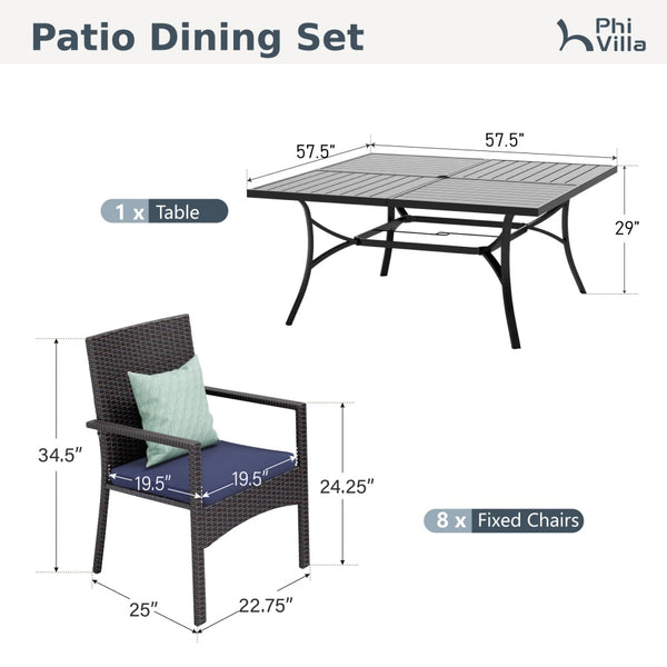 PHI VILLA 9 PCS Patio Dining Set with Large Square Table & 8 Rattan Chairs