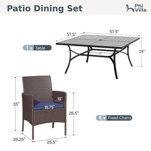 PHI VILLA 9 PCS Patio Dining Set with Large Square Table & 8 Rattan Chairs