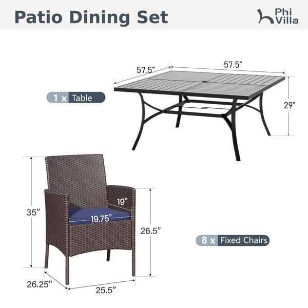 PHI VILLA 9 PCS Patio Dining Set with Large Square Table & 8 Rattan Chairs