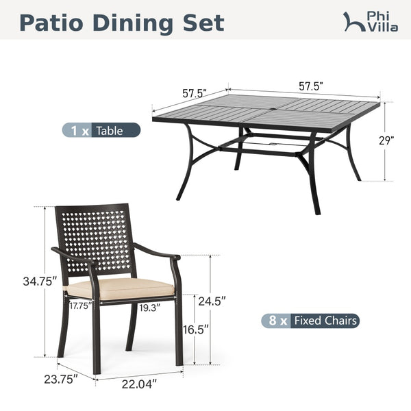 9-Piece Patio Dining Set with Enlarged Square Table and Woven Pattern Chairs